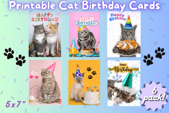 Download Printable Cat Birthday Card 6 Pack PNG's - Printable Collection