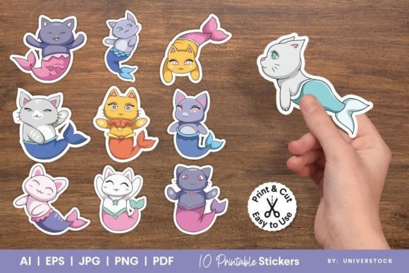 Download Cute Mermaid Cats Printable Stickers - Printable Collection