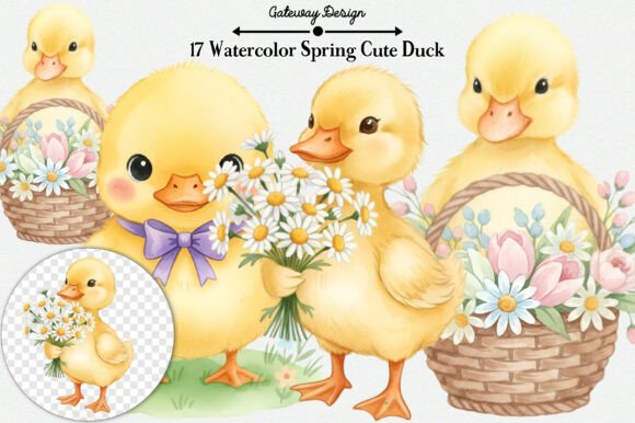 Download Watercolor Spring Cute Duck Clipart - Premium Bundle
